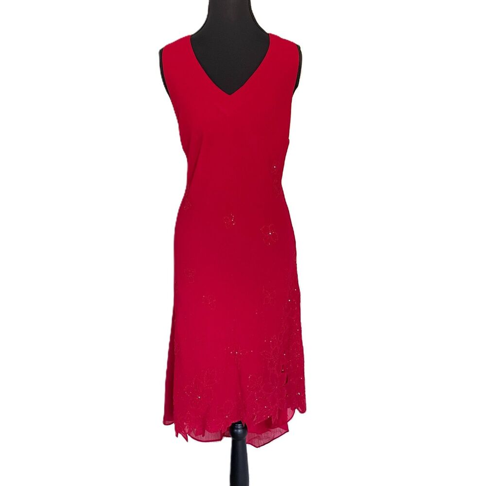 Vintage Dollar USA Red Beaded Sequin Handkerchief Hem Dress L w/ Scarf
